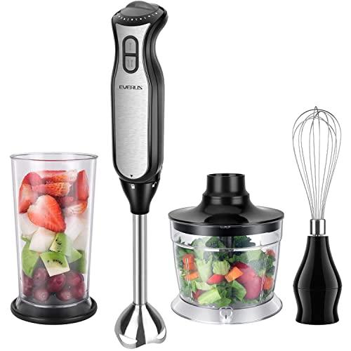 Immersion Hand Blender EVERUS 4-in-1 Hand Blender Stick with 700ml Food Chopper, 700ml Mixing Beaker, Stainless Steel Whisk, 8 Speeds Handheld Immersion Blender for Baby Food, Soup, BPA Free, 400W, Black&Sliver