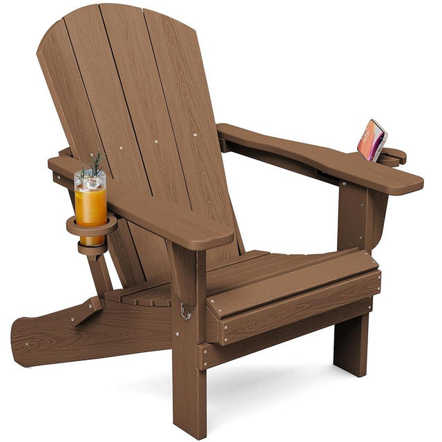 SERWALL Folding Adirondack Chair, Dual Cup Holders & All-Weather HDPE, Wood-Like Patio Chair for Backyard, Camping，Pool & Fire Pit- Brown