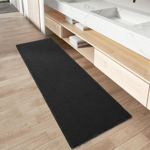 AMOAMI Upgraded Waffle Runner Rug Super Absorbent Non Slip Bath Mats for Bathroom Machine Washable Bathroom Runner Rug with Tassels, Ideal for Hallway Bedroom Laundry Room, 17" x 48", Black