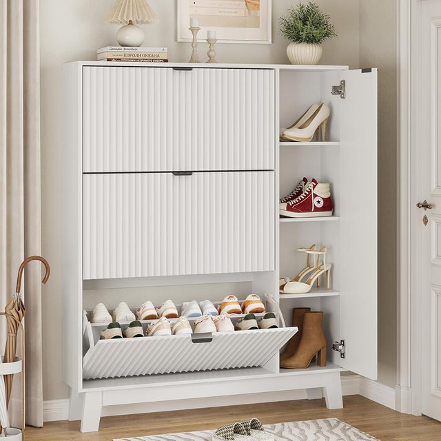 Xixini Shoe Cabinet with 3 Flip Drawers, 54" Tall Narrow Fluted Shoe Storage Organizer for Entryway, Hidden Wooden Shoe Rack with Adjustable Side Cabinet for Front Door Entrance, Hallway, Solid White