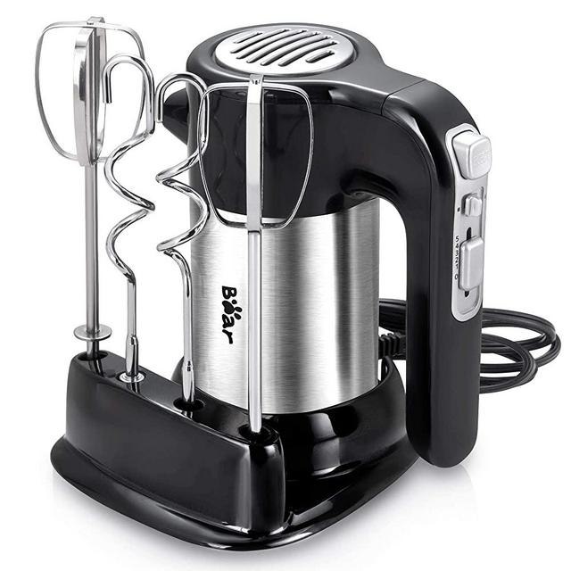 Hand Mixer Electric, Bear 2x5 Speed 300W Handheld Mixer with 4 Stainless Steel Accessories Storage Base Eject Button Power Advantage Electric Hand Mixer for Easy Whipping Dough, Cream, Cake, Black