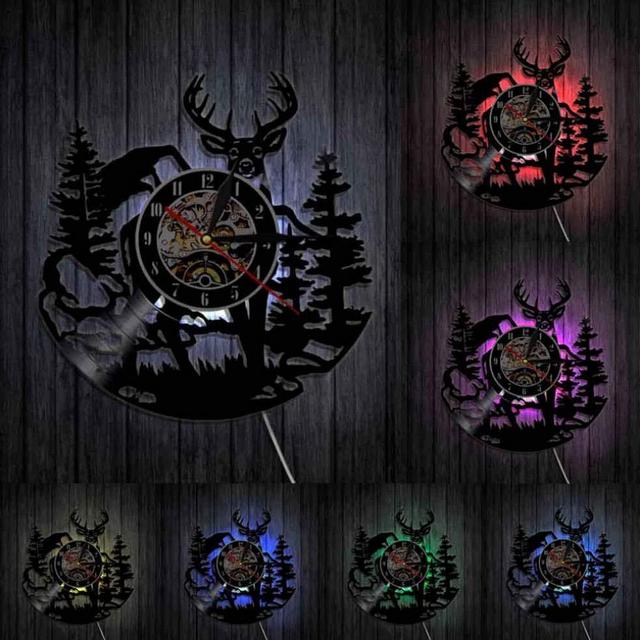 QWERF Vinyl Wall Clock Forest Deer Wall Art Woodlands Buck Wall Decor Vinyl Record Clock Hunting Club Animals Vintage Wall Clock