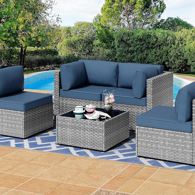 Shintenchi 5 Pieces Outdoor Patio Furniture Sets, Patio Sectional Sofa Couch, Gray PE Wicker Furniture Modular Patio Conversation Sets Patio Sofa with Washable Cushions & Table（Aegean Blue）