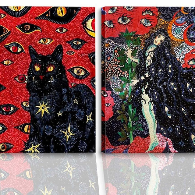Black Cat Cohen Hippie Psychedelic Retro Fun Cool Girl Flower Eyes Black and Red Poster Wall Art Mystical Animal Botanical Print Art Cat Lover Unframed 8”x10”x2…