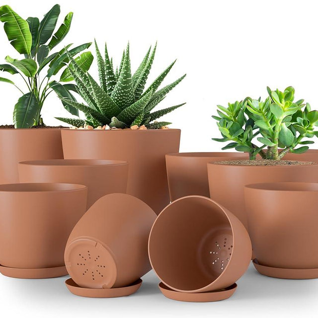 Utopia Home - Plant Pots Indoor with Drainage - 7/6.6/6/5.3/4.8 Inches Home Decor Flower Pots for Indoor Planter - Plastic Planters for Indoor Plants, Cactus, Succulents Pot (Terracotta, Pack of 10)