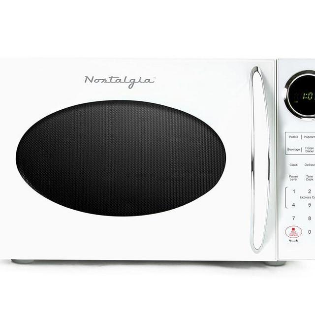 Nostalgia Modern Retro Countertop Microwave Oven - 900-Watt - 0.9 cu ft - 12 Pre-Programmed Cooking Settings - Digital Clock - Kitchen Appliances - White