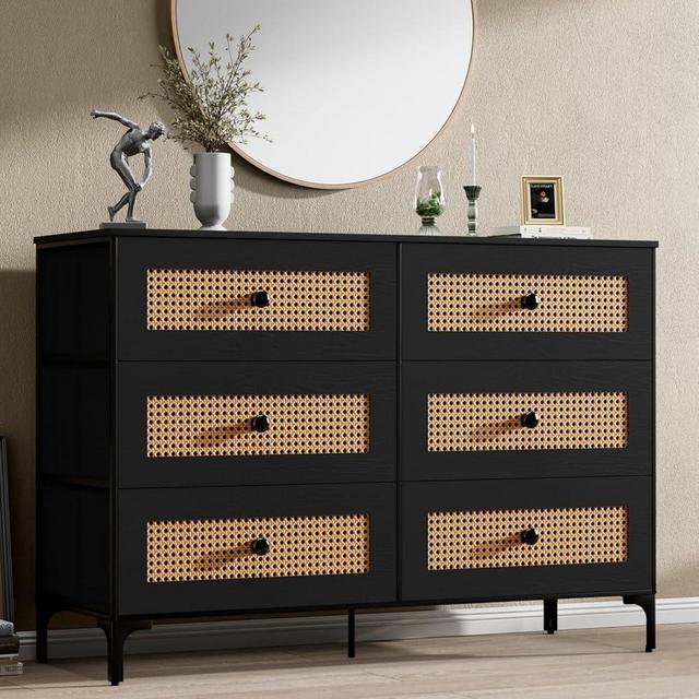 Crestlive Products Rattan Dresser, 6-Drawer Dresser for Bedroom Modern Wide Storage Chest Organizer Unit with Fabric Bins (Black)