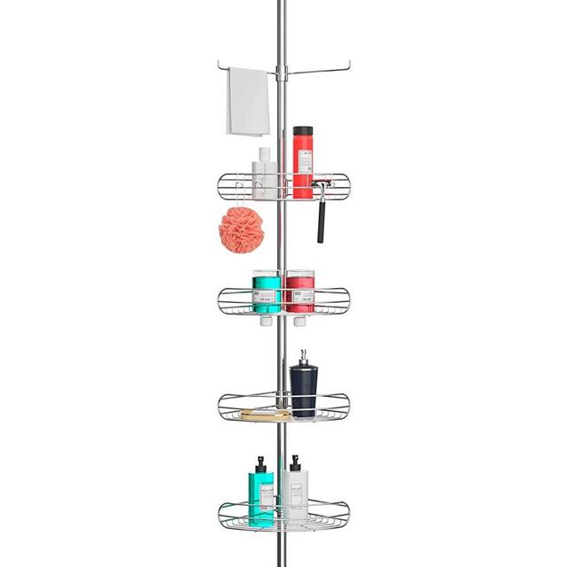 ALLZONE Tension Shower Standing Caddy Corner, Rustproof 304 Stainless Steel, 4 Tier Baskets, 1 Towel Bar, 56-114 Inches