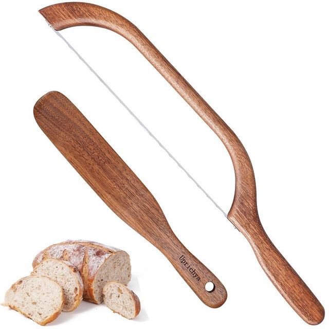 Uprichya Wooden Bread Bow Knife and Skinny Spurtle for Sourdough Starter, Bagel Sourdough Bread knife Cutter for Homemade Bread, Kitchen Gift Sharp Bread Knife and Mixing Cooking Spurtle