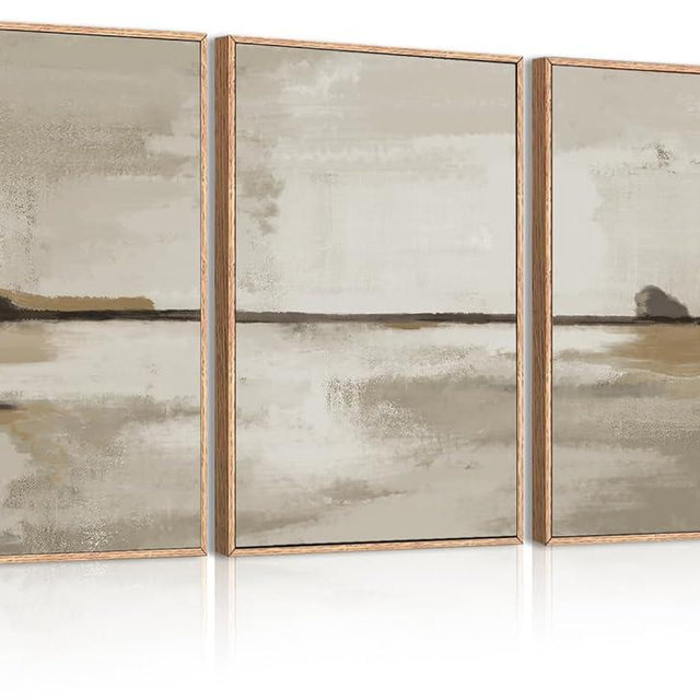 IARTTOP Large Foggy Mountain Lake Canvas Wall Art 16x24 Inch Framed Textured Brown and Gray Abstract Landscape Wall Decor Modern Nature Scenery Art Prints for Living Room Bedroom Office Set of 3