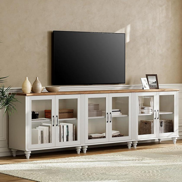 WAMPAT Modern TV Stand for 100 Inch TV, Wood TV Cabinet Entertainment Center for 95/90/85 Inch TV, Large Kitchen Buffet Cabinet with 6 Glass Door for Dining Room & Living Room, White