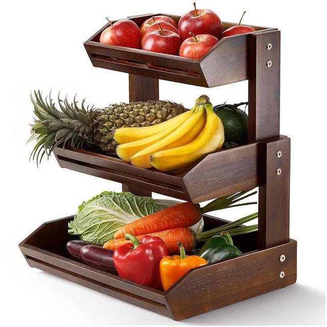 HOLANA Acacia Wood Fruit Basket - 3-Tier Fruit Bowl Wooden for Kitchen Counter, Extra Large 16x12.5x17.8 in, Fruteros Para Cocina Booth Display, Fruit and Vegetable Storage Stand Holder (Walnut)