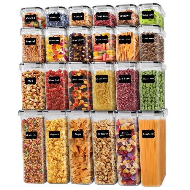 24 Pack Cereal Containers Storage Set, DDF iohEF Airtight Food Containers, Kitchen Pantry Organization and Storage, BPA Free Plastic, for Pasta, Flour, Snack - Includes Labels, Marker Spoons Set