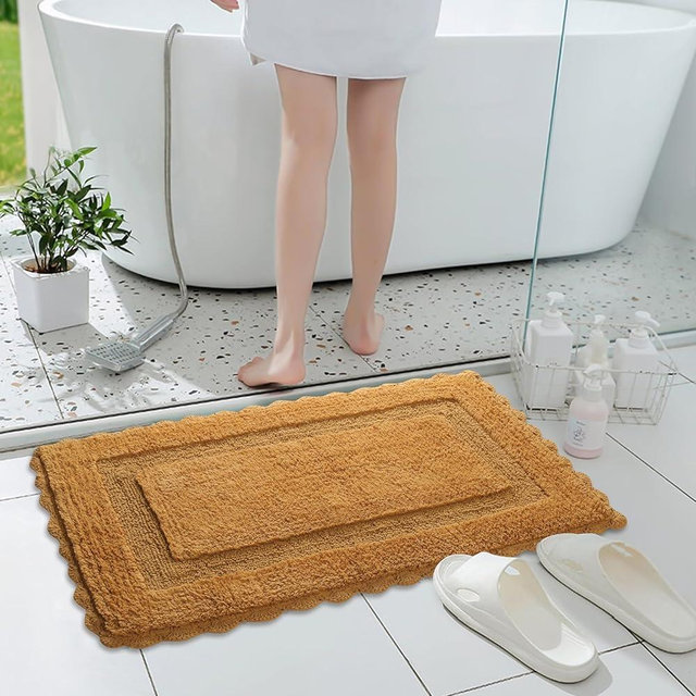Cotton Crochet Bathmat with Antiskid 17x24 Mustard, 100% Pure Cotton, Super Soft White, Plush & Absorbent, Hand Tufted Heavy Weight Construction, Full Reversible Step Out Rugs