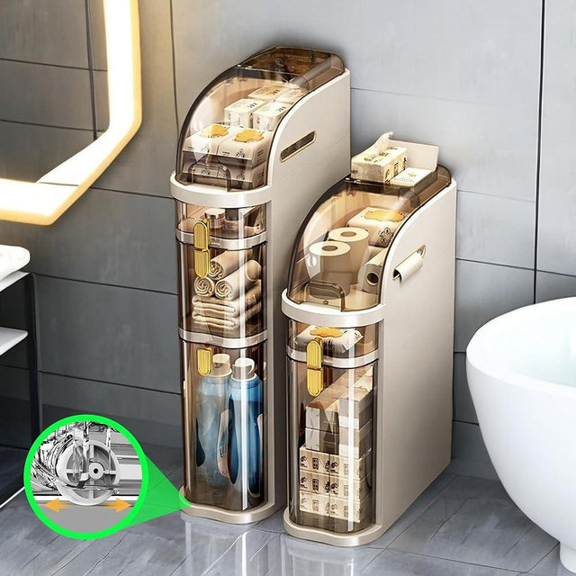 MOSAMNI 3-Tiers Slim 𝐁𝐚𝐭𝐡𝐫𝐨𝐨𝐦 𝐒𝐭𝐨𝐫𝐚𝐠𝐞 𝐂𝐚𝐛𝐢𝐧𝐞𝐭, Narrow Bathroom Storage, Plastic Waterproof Bathroom Storage Organizer for Small Spaces