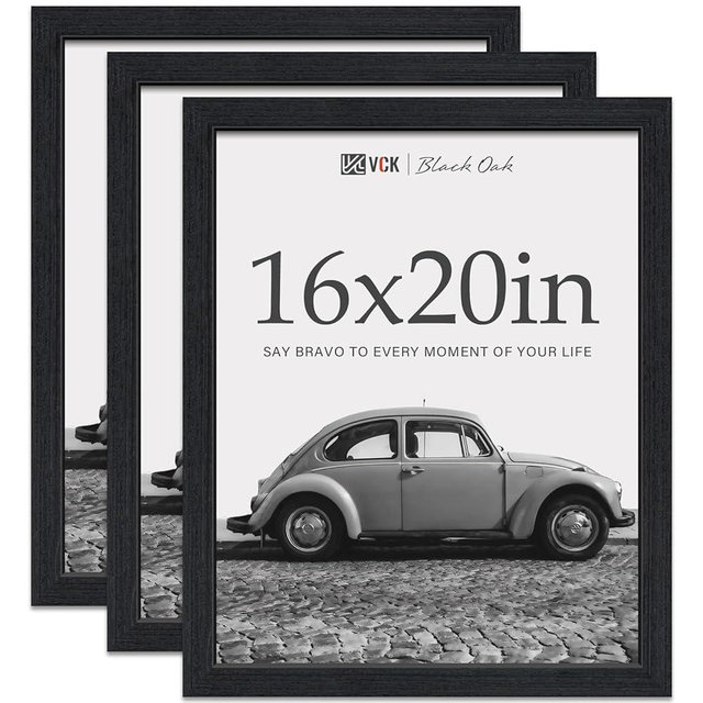 VCK 16x20 Picture Frames for Wall - Black Oak 3 Pack, Natural Wood Grain Solid Wood Poster Frame