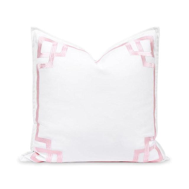 Hofdeco Premium Coastal Patio Indoor Outdoor Throw Pillow Cover Only, 20"x20" Water Repellent for Backyard, Couch, Blush Pink Embroidered Frame Greek Key
