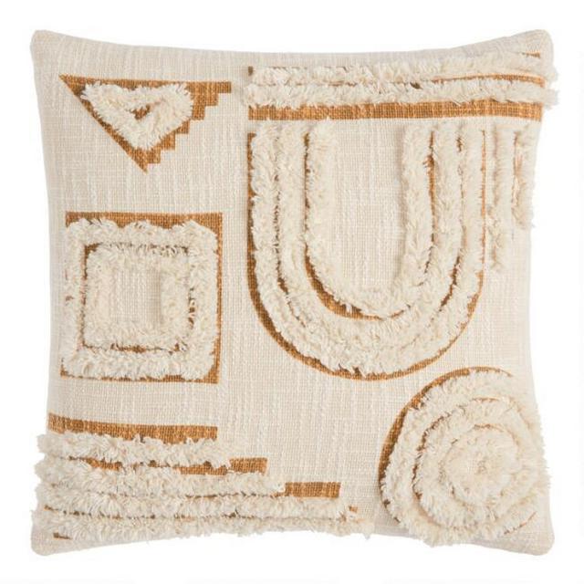 Ivory And Gold Tufted Abstract Throw Pillow
