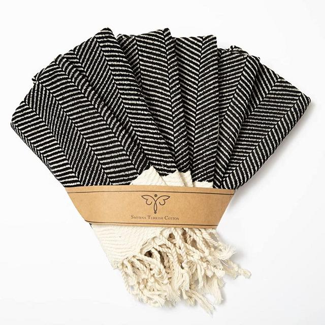 Smyrna Turkish Cotton Kitchen Dish Towels Herringbone Series Pack of 6 | 100% Cotton, 12x12 | Machine Washable Wash Cloths | Soft, Absorbent, Prewashed and Quick Dry Turkish Dish Towels (Black)