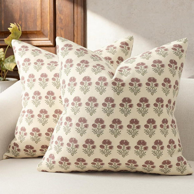 DKwizme Farmhouse Floral Pillow Covers 18x18 Set of 2, Country Botanical Throw Pillow Cover for Sofa Couch Bed Living Room, Rustic Vintage Flower Cushion Covers Cottage Home Decor,Rust Meadow