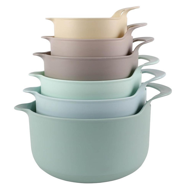 COOK WITH COLOR Nesting Plastic Mixing Bowl Set with Pour Spouts and Handles, Mint, 6 Piece Non-Slip