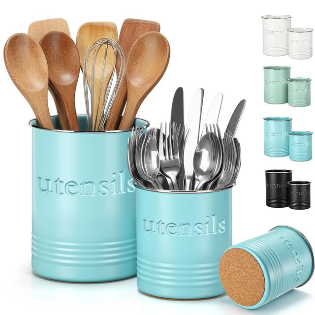 FoldTier 2 Pack Kitchen Utensil Holder for Counter 6.7"+4.7" Farmhouse Cooking Utensil Crock with Cork Bottom Modern Farmhouse Decors Countertop Storage Organizer Caddy Housewarming Gift(Turquoise)