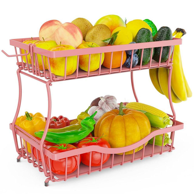 Zurklulu Pink 2 Tier Large Fruit Basket for Kitchen Counter with 2 Banana Hangers, Metal Fruit Bowl for Onion Vegetable Bread Snack, Countertop Organizer – 14.5" W x 9.5" D