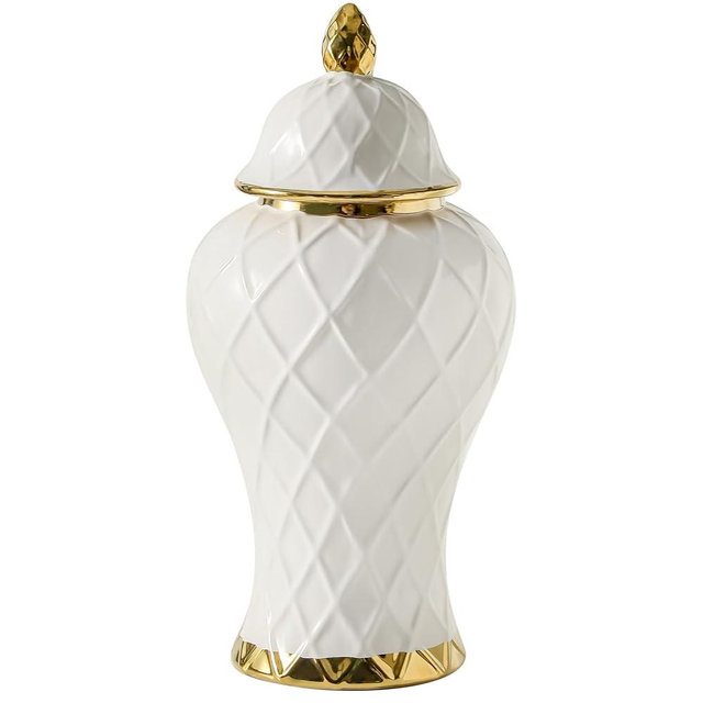 Ginger Jars for Home Decor, White and Gold Vase, Decorative Ceramic Ginger jar with lid, Porcelain Flower Vase for Centerpieces Jarrones, Storage jar, Table Center Vase, Temple Jar(12in)