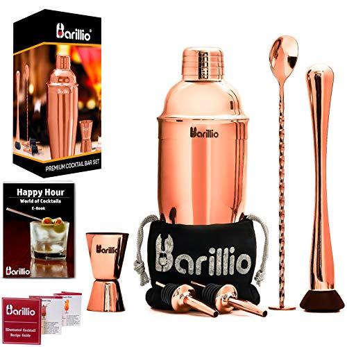 Rose Copper Cocktail Shaker Set Bartender Kit by BARILLIO: 24 oz Stainless Steel Martini Mixer, Muddler, Mixing Spoon, jigger, 2 liquor pourers, Velvet Bag Recipes Booklet & eBook