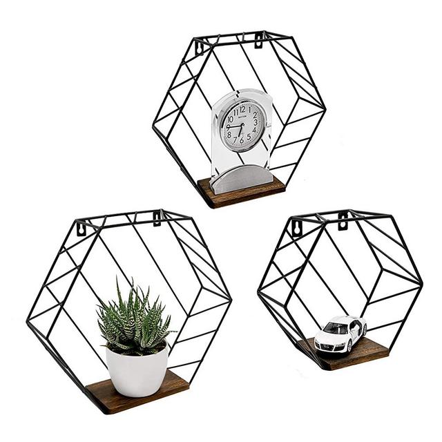 NAUMOO Metal Hexagon Floating Shelves - Wall Mounted Wire Hexagon Shelves - Modern Geometric Decor for Home, Living Room, Bedroom and Bathroom - Screws Anchors Included - Set of 3
