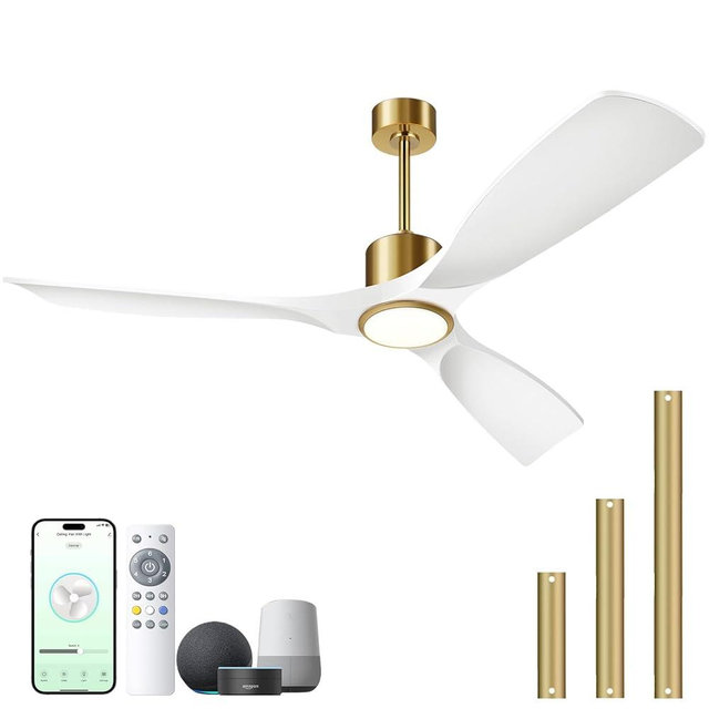 BOOSANT Ceiling Fans with Lights, Ceiling Fans with Lights and Remote Control, 52 inch Modern Smart White and Gold Ceiling Fan, Outdoor Ceiling Fans for Patios 3 Blade Bedroom Farmhouse（White）