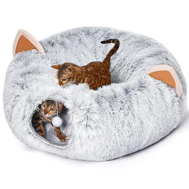 NEZIN Cat Tunnel with Cat Bed for Indoor Cats, Under Christmas Tree Plush Peekaboo Cat Cave, Multifunctional Cat Donut Tunnel Playground Toys for Cats Kitten Rabbit Ferret, Grey