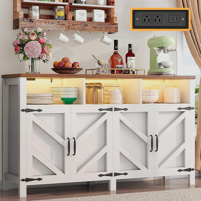 knoworld Buffet Sideboard with Storage with Power Outlets & LED Light 4 Doors, 55'' Large Farmhouse Kitchen Storage Cabinet Wood Coffee Bar Cabinet Buffet Table for Kitchen, Dining Room, Entryway