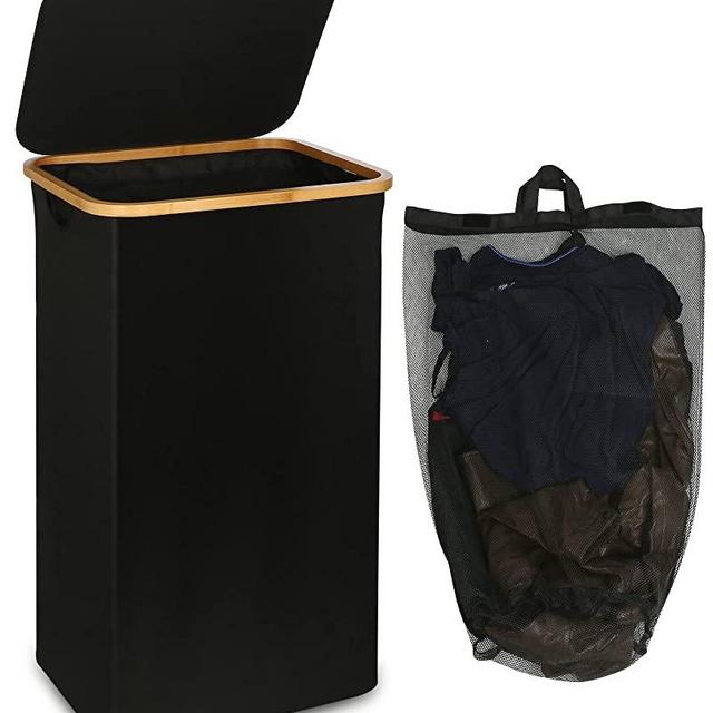 efluky Large Laundry Basket with Lid, 100L Tall Laundry Basket with Bamboo Handles for Clothes and Toys Storage, Freestanding Collapsible Laundry Hamper with Inner Bag for Bedroom and Bathroom, Black