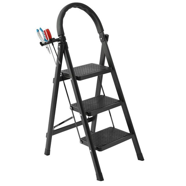 QUINEEHOM Step Ladder 3 Step Folding, 330lbs Load Capacity 3 Step Ladder with Handrails, Step Stools for Adults with Anti-Slip Pedal, Lightweight Portable Step Stool Foldable for Household, Black