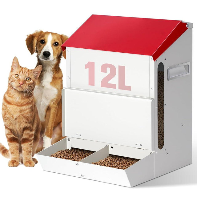 Automatic Cat Feeder 2 Cats,50cups/12L Automatic Pet Feeders Large Capacity Outdoor Galvanized Steel Multiple Cats Feeder Gravity Dog Dry Food Dispenser with Lid