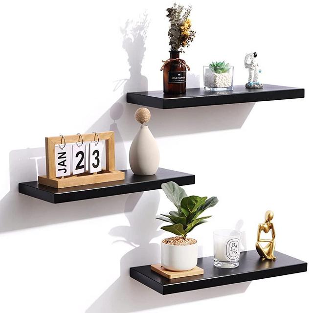 Floating Shelves, Black Wood Wall Mounted Shelves with Invisible Brackets for Bedroom Living Room Bathroom Kitchen, Shelves for Wall Decor Storage Set of 3