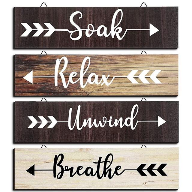 4 Pieces Farmhouse Bathroom Wall Decor Soak Relax Unwind Breathe Wooden Signs Rustic Wooden Plaque with Arrow Signs Hanging Vintage Bathroom Wall Decor for Home Laundry Room Bathroom (Retro Color)