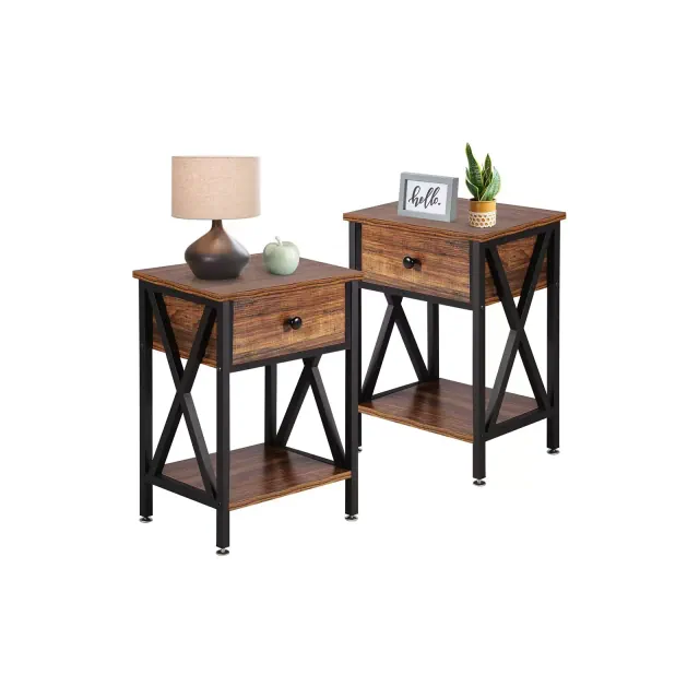 VECELO Nightstands X-Design Side End Table with Drawer Brown Set of 2