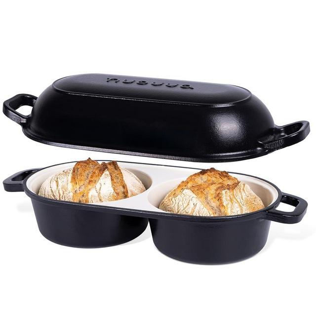 Dutch Oven for Sourdough Bread Baking – Enamelled Cast Iron Bread Loaf Pot – 500°F Oven Safe Non Stick Bread Pot – Double Round Loaf Space, 16.5cm Diameter, Black, – by Nuovva