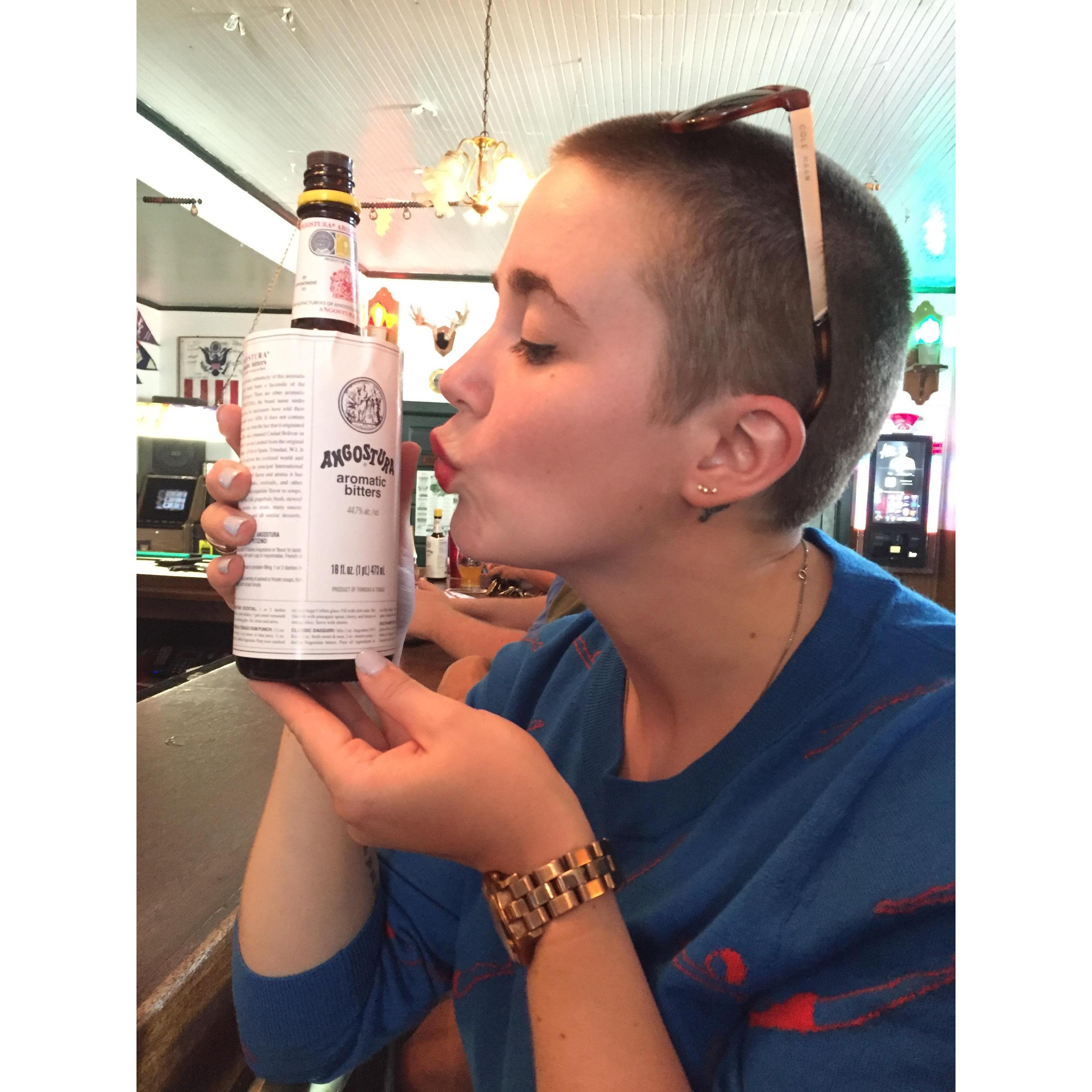 Joining the Bitters Club! Nelsen's Hall Bitters Pub; Washington Island, July 2017