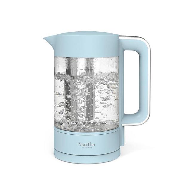 Martha Stewart Electric Kettle with Removable Stainless Steel Tea Infuser, Glass Carafe 1.7L (7 Cups), Hot Water Boiler, 4 Presets, Keep Warm & Auto Shut-Off, Cordless 360° Swivel Base, Sky Blue