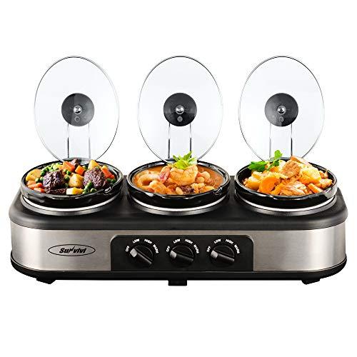 Sunvivi Triple Slow Cooker, 3x1.5 Quart Electric Slow Cooker Buffet Server, Food Warmer Crock Pot, Adjustable Temp Removable Ceramic Pots Lid Rests