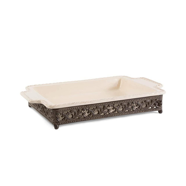 Original Scrolled Acanthus Ceramic Cream Baking Dish With 16-Inch By 10-Inch Metalwork Server