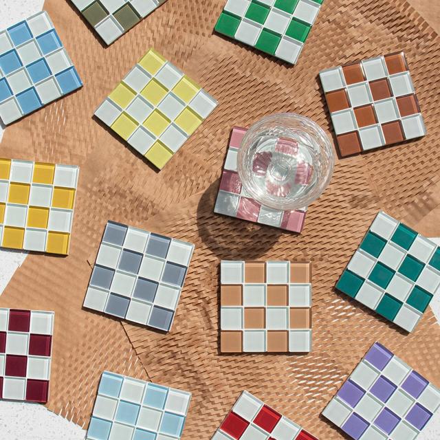Checkered Drink Coaster Set of 4 | Glass...