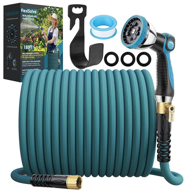 FlexiSolve Garden Hose 150 ft, Non-Expandable Lightweight Water Hose, 360° Swivel Anti-Kink Fittings, 10-Pattern Spray Nozzle & Shut-Off Valve, Flexible Water Hose for Yard, Lawn, Car Wash, Blue