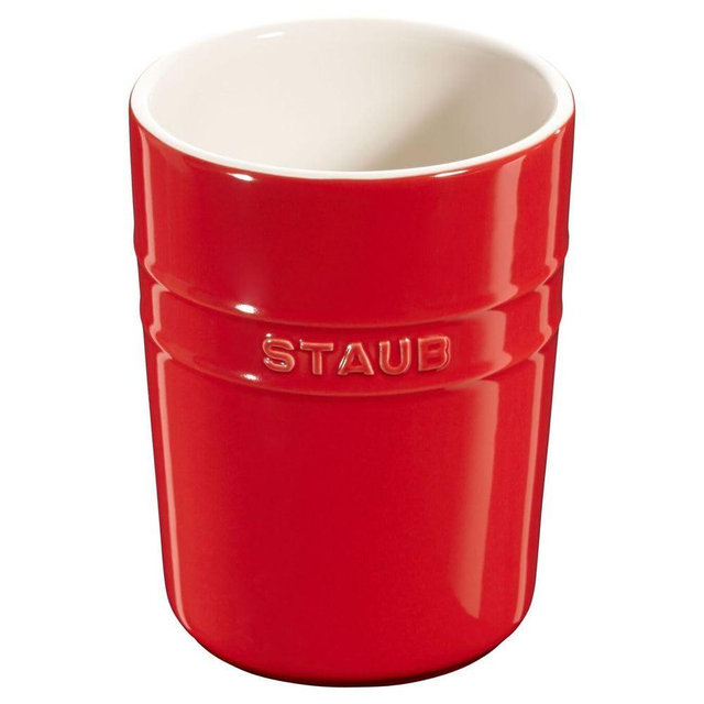 Staub Ceramic Tall Utensil Holder Crock with Silicone Bottom, Cherry Red