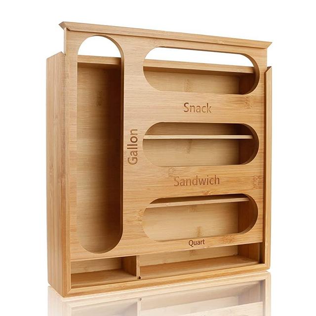 Ytaoeo Ziplock Bag Storage Organizer for Kitchen Drawer, Food Storage Bags Holders and Dispenser Compatible with Most Brands, Openable Top Lids Bamboo Baggie Organizers Holder (1 Box 4 Slots)