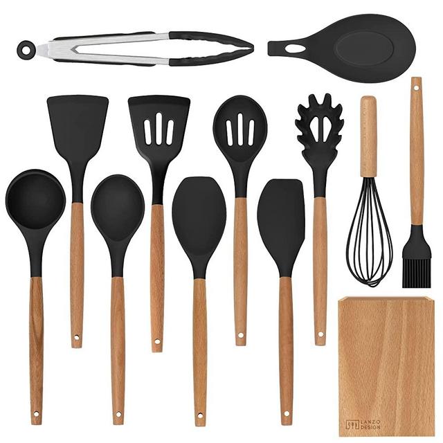 Lanzo Design Kitchen Utensil Set, 12 pcs Non-Stick Silicone Cooking Utensils Spatula Set with Wooden Holder (Black)