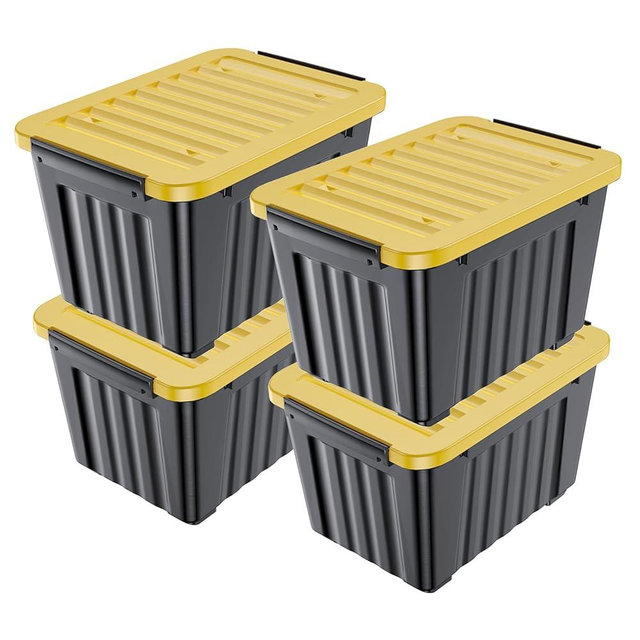 Nazhura 97 Quart Plastic Storage Bin, Stackable and Nestable Storage Boxes with Yellow Lids and Secure Latching Buckles, Large Storage Container (Black/Yellow, 97Quart-4Pack)